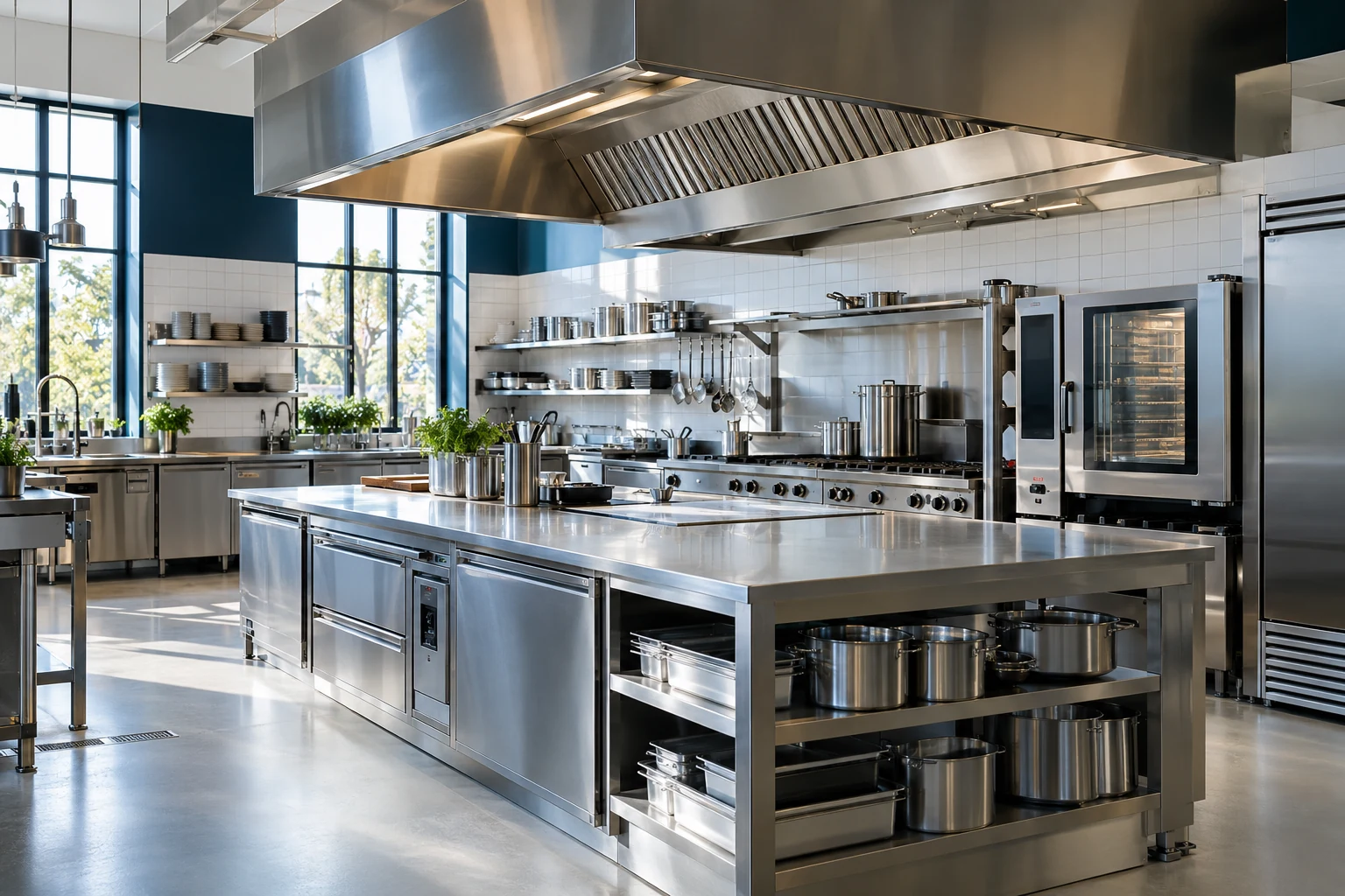 Vista ilustrativa de una cocina profesional con hornos y superficies de acero inoxidable.